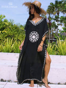 2022 Sexy Cold Shoulder V Neck Bats Sleeve Loose Summer Beach Dress Plus Size Women Beachwear Kaftan Black Dress Q943