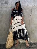 2022 Sexy Cold Shoulder V Neck Bats Sleeve Loose Summer Beach Dress Plus Size Women Beachwear Kaftan Black Dress Q943