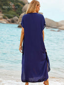 2022 Sexy Cold Shoulder V Neck Bats Sleeve Loose Summer Beach Dress Plus Size Women Beachwear Kaftan Black Dress Q943