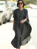 2022 Sexy Cold Shoulder V Neck Bats Sleeve Loose Summer Beach Dress Plus Size Women Beachwear Kaftan Black Dress Q943