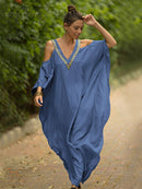 2022 Sexy Cold Shoulder V Neck Bats Sleeve Loose Summer Beach Dress Plus Size Women Beachwear Kaftan Black Dress Q943