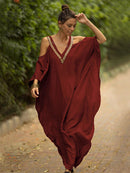 2022 Sexy Cold Shoulder V Neck Bats Sleeve Loose Summer Beach Dress Plus Size Women Beachwear Kaftan Black Dress Q943