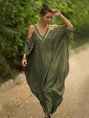 2022 Sexy Cold Shoulder V Neck Bats Sleeve Loose Summer Beach Dress Plus Size Women Beachwear Kaftan Black Dress Q943