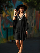2022 Sexy Cold Shoulder V Neck Bats Sleeve Loose Summer Beach Dress Plus Size Women Beachwear Kaftan Black Dress Q943