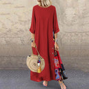 Women Vintage Maxi Dress Summer Solid O Neck Stitching Printed 3/4 Sleeve Side Buttons Dresses Loose Casual Long Dress Plus Size