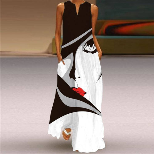 Women's Vintage Printed Dresses Summer Boho Sleeveless V-Neck Long Dress Ladies Casual Elegant Beach Party Maxi Dresses Vestidos