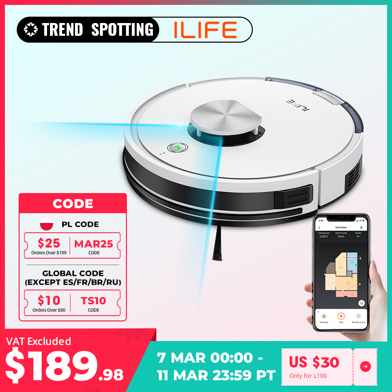 ILIFE L100 Robot Vacuum Cleaner, LDS Laser Navigation, Mop Cellphone WIFI APP Control, 2000Pa Suction,Household Tool Applicance