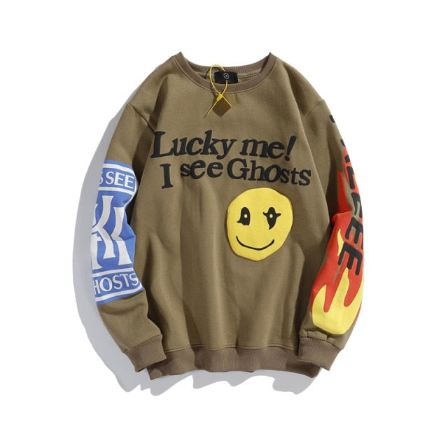 Kanye West Hoodies Lucky Me I See Ghosts Sweatshirt Smiley Flame Print Round Neck Pullover Men Women Oversized Fleece Streetwear