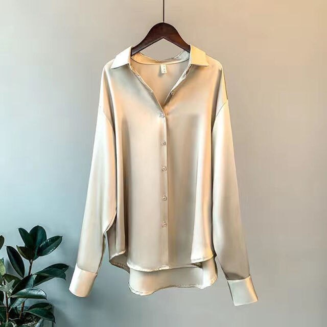Spring Autumn Fashion Button Up Satin Silk Shirt Vintage Blouse Women White Lady Long Sleeves Female Loose Street Shirts Blouses