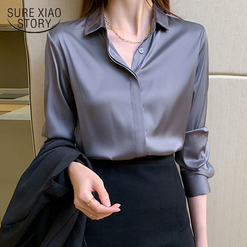 Herbstmode Button Up Satin Seidenhemd Vintage Bluse Frauen Weiße Dame Lange Ärmel Weibliche Lose Straßenhemden blusa 12084