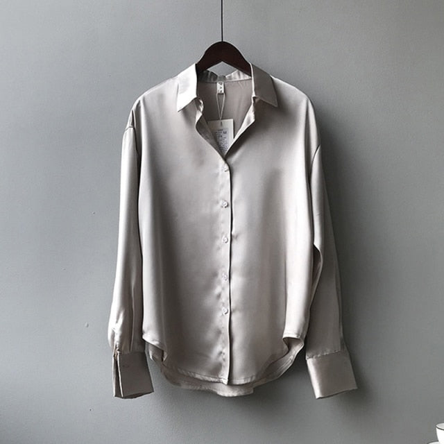 Camisa de seda satinada con botones a la moda de otoño, blusa Vintage para mujer, camisas de calle holgadas de manga larga blancas y azules para mujer 11355