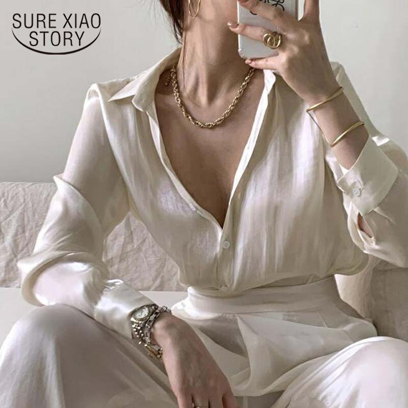 Autumn Fashion Button Up Satin Silk Shirt Vintage Blouse Women White Lady Street Shirts Long Sleeves Loose Tops Korean 11971