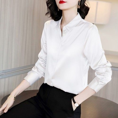 Women New Spring Autumn Fashion Elegant  Button Up Satin Silk Shirt Female Vintage Blouse White Lady Long Sleeves Loose  A05