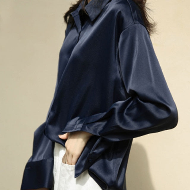 Vintage Blouse Women Fashion Button Up Satin Silk Shirt Autumn Long Sleeve White Shirts Tops Lady Chic Korean Office Shirt 11355