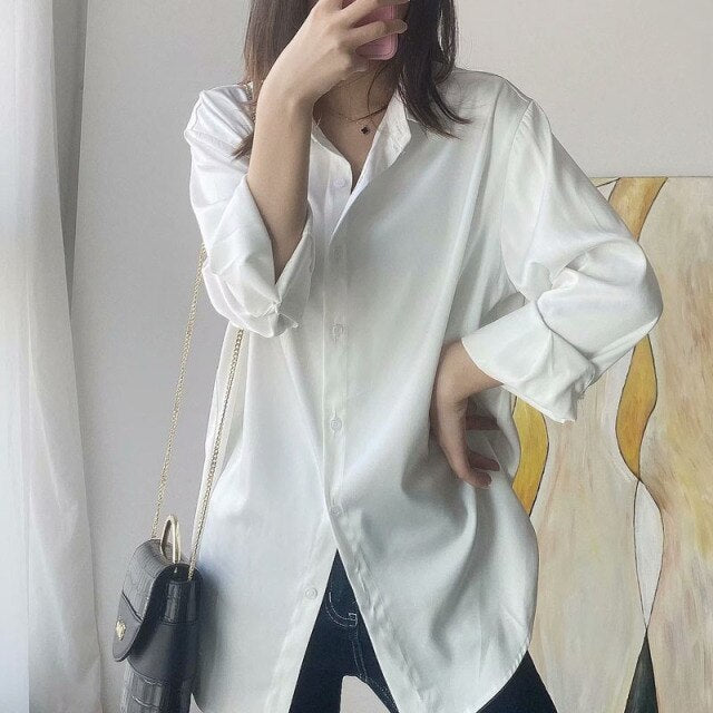 Autumn Fashion Button Up Satin Silk Shirt Vintage Blouse Women White Lady Long Sleeves Female Loose Shirts Streetwear 11355