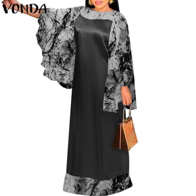 VONDA 2022 Summer Long Maxi Dress Women Baggy O Neck Flare Sleeve Printed Pleated Vestido Vintage Robe Oversize Beach Sundress