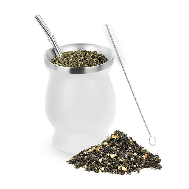 1 Set 230ML Bombilla Set Yerba Mate Gourd Stainless Steel Tea Cup with One Spoon and Brush Heat Insulation Anti Scalding