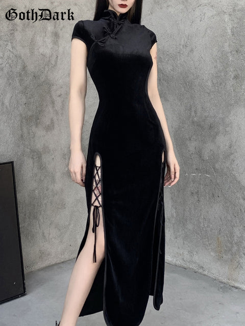 Goth Dark Romantic Gothic Samt Ästhetische Kleider Vintage Frauen Schwarze Bandage SlitHem Figurbetontes Kleid Sexy Abendgarderobe Cheongsam
