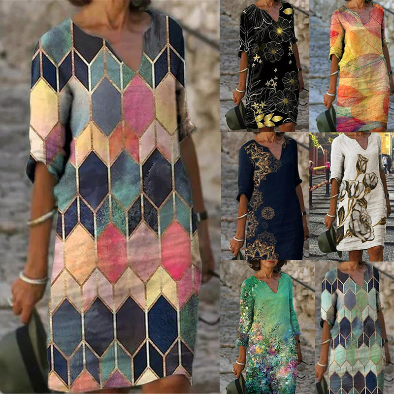 Elegante Frauen Kleid Sommer Vintage Print V-Ausschnitt Halbarm A-Linie Kleid Sommerkleid 2022 Mode Weibliche Lose Kleider Vestidos