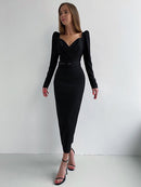 InstaHot elegante fiesta mujer vestido ajustado cuello en V manga larga media pantorrilla lápiz vestido 2020 Casual Oficina señora sólido rojo Puff manga