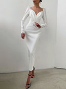 InstaHot elegante fiesta mujer vestido ajustado cuello en V manga larga media pantorrilla lápiz vestido 2020 Casual Oficina señora sólido rojo Puff manga