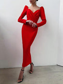 InstaHot elegante fiesta mujer vestido ajustado cuello en V manga larga media pantorrilla lápiz vestido 2020 Casual Oficina señora sólido rojo Puff manga