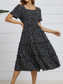 Summer Love Pattern Dot Print Dress Women 2022 New Casual Short Sleeve Square Collar Ruffles Medium Long Chiffon Dress