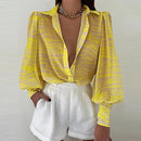 Spring Fashion Women Shirt Lantern Long Sleeves Casual Solid Color Printed Slim Buttons V Neck Blouse Commute High Street Shirts