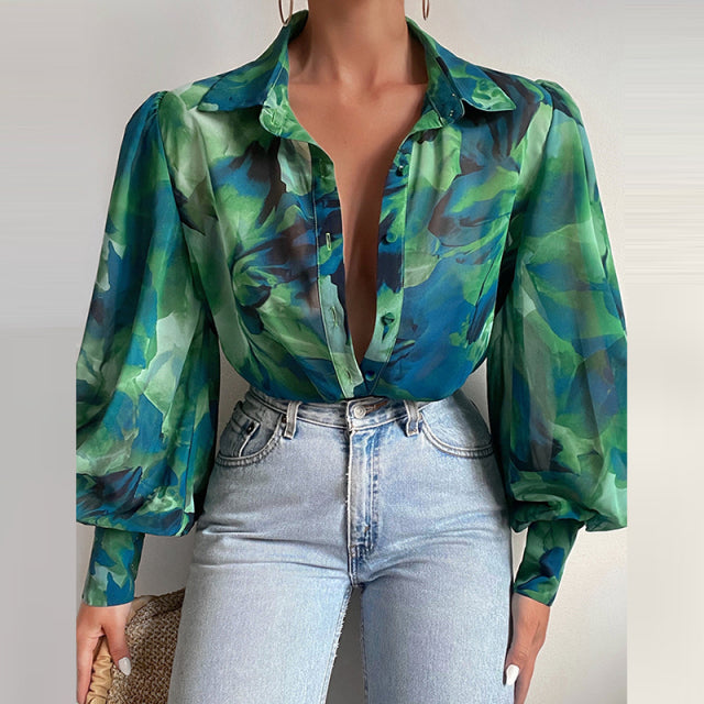 Spring Fashion Women Shirt Lantern Long Sleeves Casual Solid Color Printed Slim Buttons V Neck Blouse Commute High Street Shirts