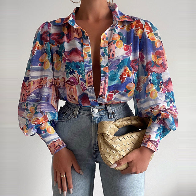 Frühlingsmode Damenhemd Laterne mit langen Ärmeln Lässige einfarbig bedruckte schmale Knöpfe mit V-Ausschnitt Bluse pendeln High Street Shirts