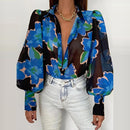 Spring Fashion Women Shirt Lantern Long Sleeves Casual Solid Color Printed Slim Buttons V Neck Blouse Commute High Street Shirts