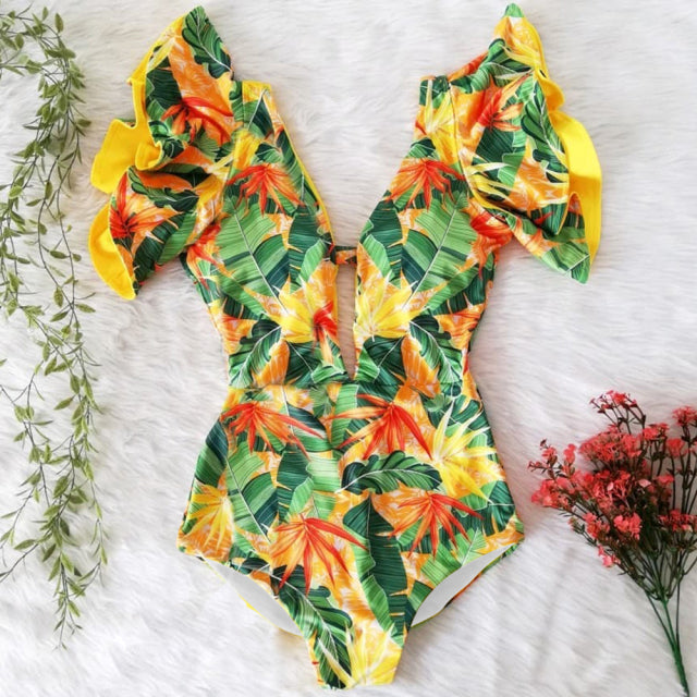 2021 New Sexy Ruffle Print Floral One Piece Swimsuit Off The Shoulder Swimwear Women Solid Deep-V Beachwear Bathing Suit Monkini