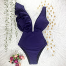 2021 nuevo traje de baño Sexy de una pieza con estampado Floral y volantes, traje de baño con hombros descubiertos para mujer, ropa de playa sólida con escote en V profundo, traje de baño Monkini