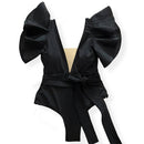 2021 nuevo traje de baño Sexy de una pieza con estampado Floral y volantes, traje de baño con hombros descubiertos para mujer, ropa de playa sólida con escote en V profundo, traje de baño Monkini