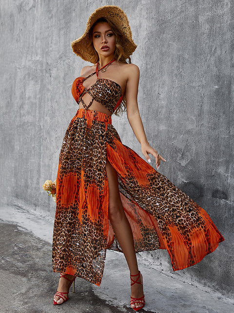 Glamaker naranja Estampado de leopardo Halter espalda descubierta vacaciones playa vestidos Sexy sin mangas con cordones alto split maxi vestido Mujer vestidos