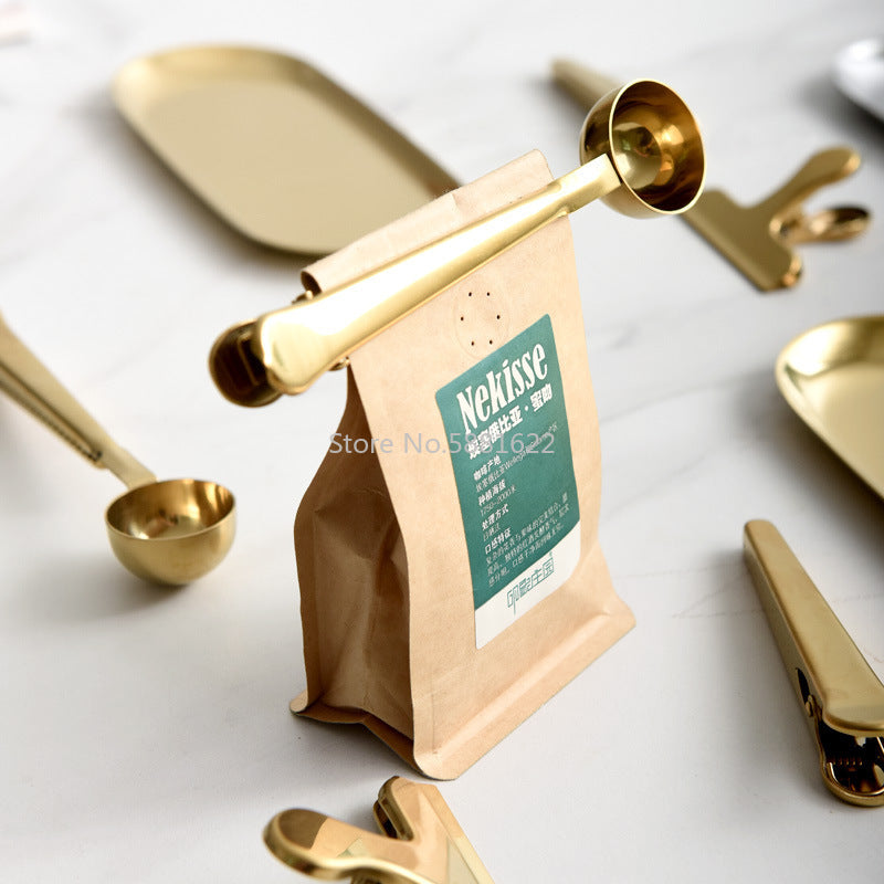 Zwei-in-Eins-Edelstahl-Kaffeelöffel-Dichtungsclip Küche Gold Zubehör Empfänger Cafe Expresso Cucharilla Dekoration