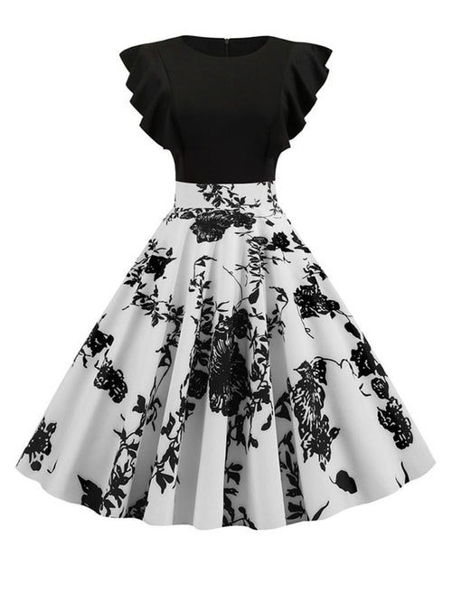 Black White Patchwork Floral Print Summer Dress Women 2022 Petal Sleeve Dot Vintage Dress Robe Casual Rockabilly Party Vestidos