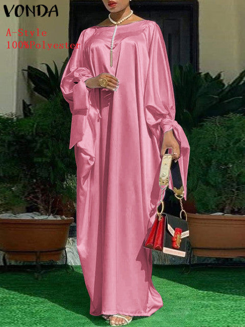 Elegantes Kaftan-Kleid-Frauen-Satin-Partei-Kleid 2022 VONDA Langarm-böhmischer Feiertags-Sommer-Sommerkleid-weibliche beiläufige Vestidos-Robe