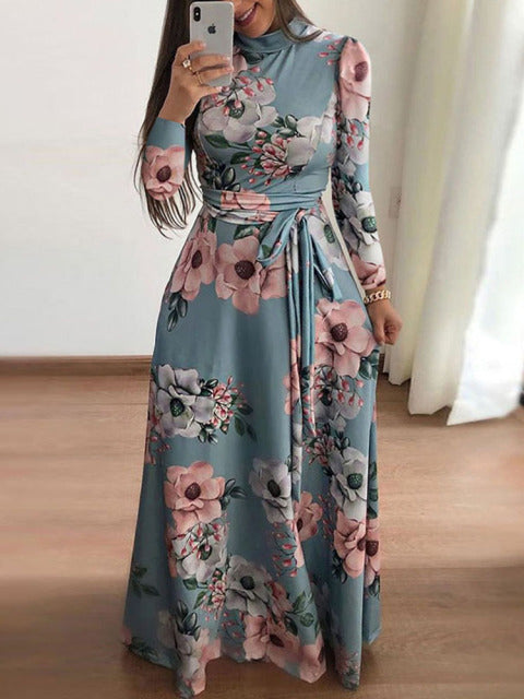 Vestido largo de verano para mujer 2022 Casual manga larga bohemio estampado Floral Maxi vestido cuello alto vendaje elegante Vestidos de fiesta Vestidos