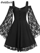 Goth Dark Gothic Aesthetic Vintage Damen Herbst Kleider Grunge Lace Patchwork Flare Sleeve Schwarz A-Linie Kleid Punk Partywear