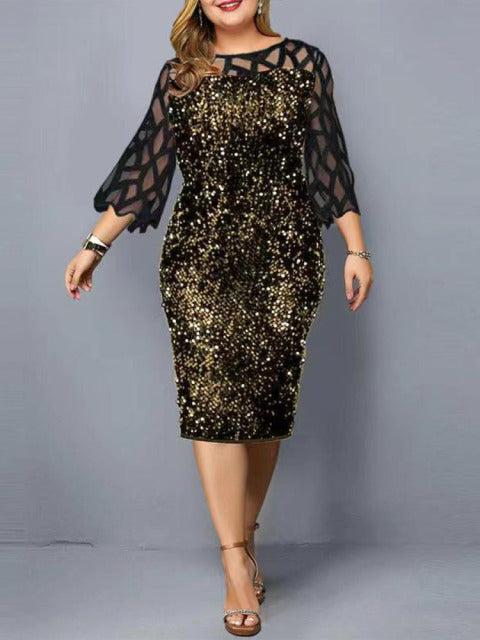 Party Dress Plus Size Ladies Midi Sequin Mesh Long Sleeve Lace Elegant Bodycon XL-4XL 5XL Evening Dresses Woman Summer 2021