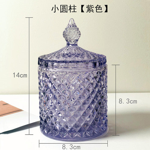 Crystal Glass Jar European-style Diamond Pattern Candy Storage Box Cotton Swab Box Sealed Jar Living Room Home Furnishings