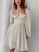 NewAsia Floral Dress Women Lantern Long Sleeve Ruched Print A Line Square Neck Tie up Mini Vestidos Sexy Chic Summer Beach Dress