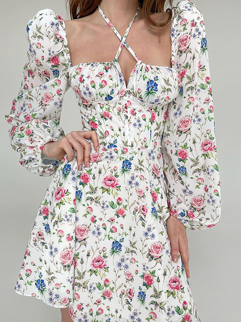NewAsia Floral Dress Women Lantern Long Sleeve Ruched Print A Line Square Neck Tie up Mini Vestidos Sexy Chic Summer Beach Dress