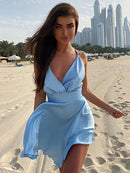 Cryptographic Satin Sexy Rückenfrei Ärmellos Party Nachtclub Wrap Minikleider Spaghettiträger Elegantes Kleid Feste Vestidos