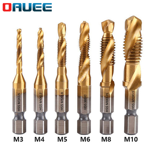6Pcs Metric Tap Tapping Drill Bit Set Hex Shank Titanium Plated HSS Screw Bit Compound Machine Tap M3 M4 M5 M6 M8 M10 Hand Tools