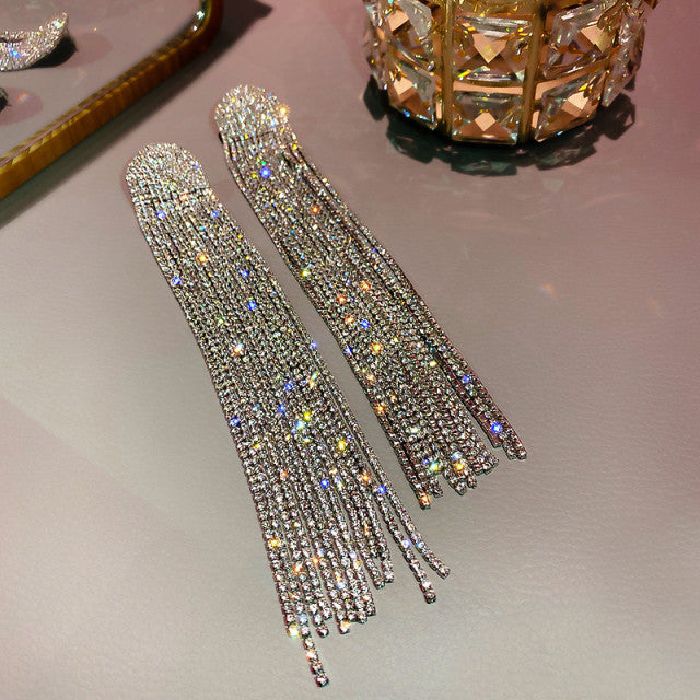 FYUAN Long Tassel Full Rhinestone Drop Earrings for Women Ovsize Crystal Dangle Earrings Fashion Jewelry Accessories