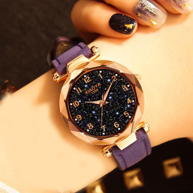Reloj de mujer con estrellas a la moda 2022, reloj luminoso encantador con correa esmerilada de punto pequeño, punteado con escala romana, informal de lujo para mujer