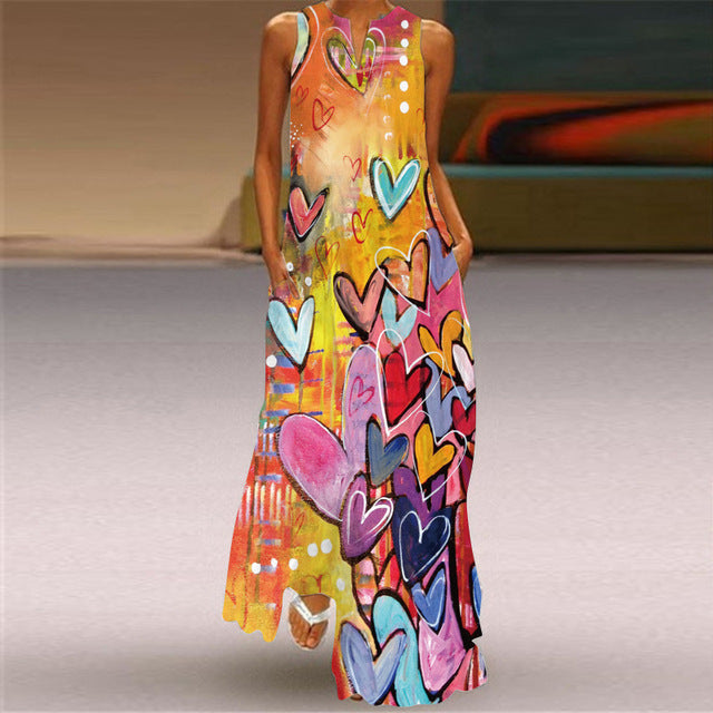 Summer Women Fashion Printed Flowers Sleeveless Casual Dress Sundress Ladies Elegant Party Vintage Peacock feather Long Dresses