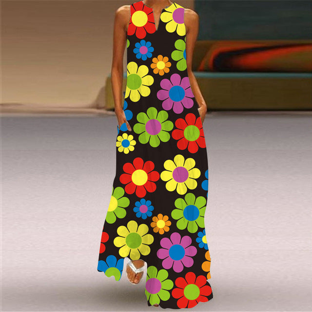 Sommer-Frauen-Art- und Weisedruckblumen-Sleeveless beiläufiges Kleid-Sommerkleid-Damen-elegante Partei-Weinlese-Pfauenfeder-lange Kleider